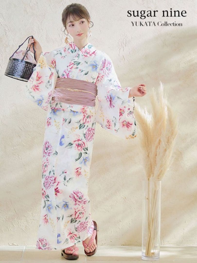 Sugar 浴衣　白地×ボタニカル牡丹浴衣　3点セット
