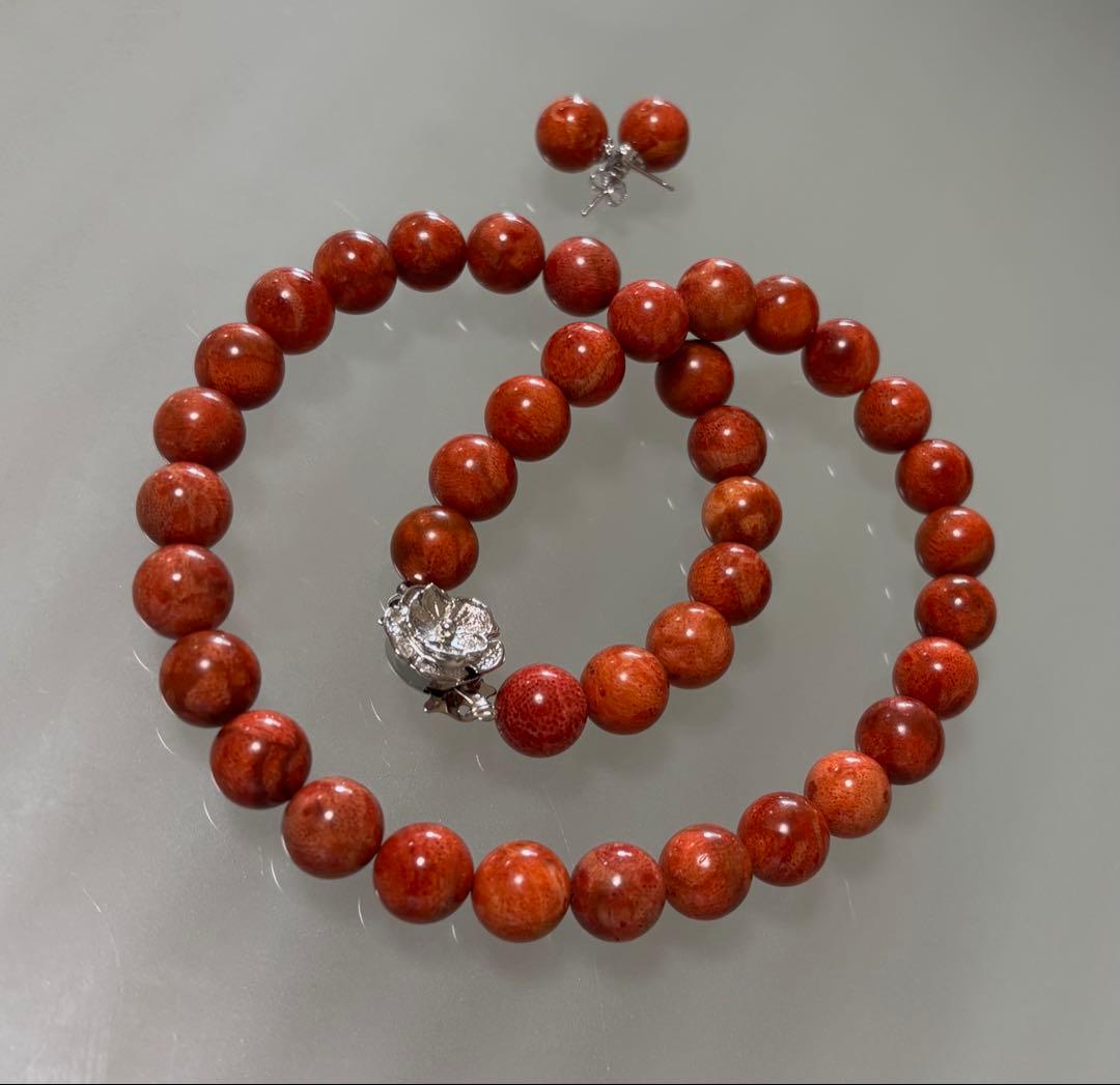 天然珊瑚２点揃え①ネックレス（１１mm珠）②ピアス（１０mm珠）No.2