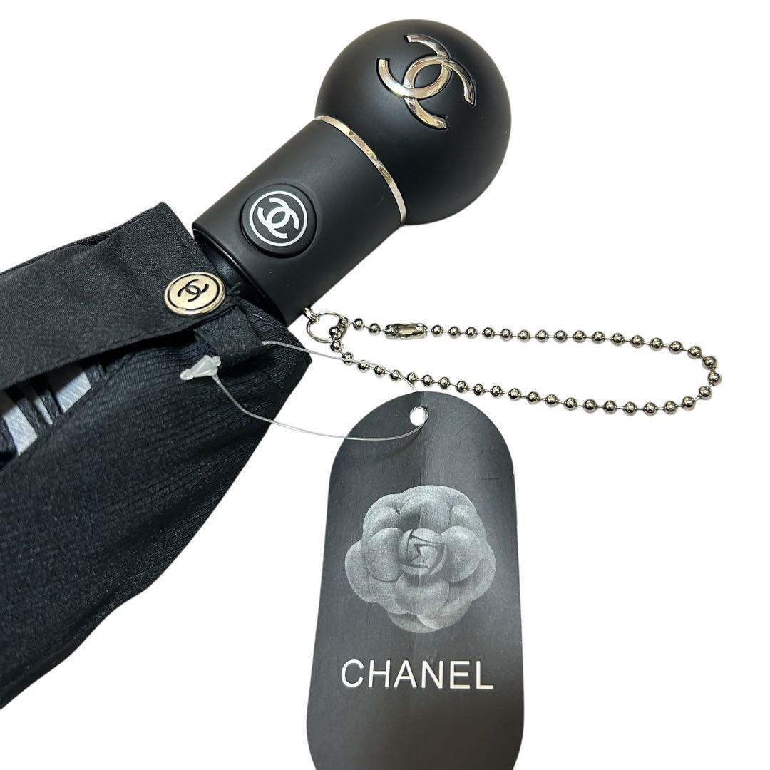CHANEL 折り畳み傘　ケース付き　カメリア　ブラック　チェーン