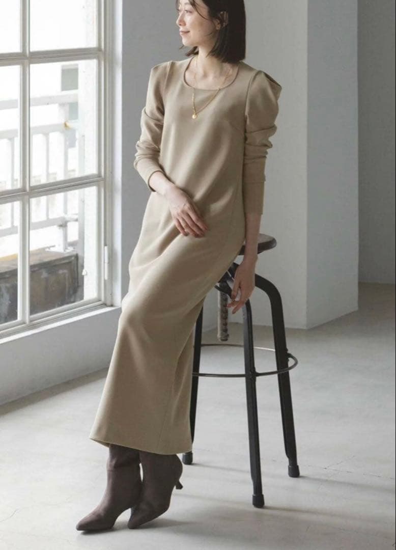 ラム 様NOBLE ニットライクジョーゼットショルダータックワンピース ノーブル