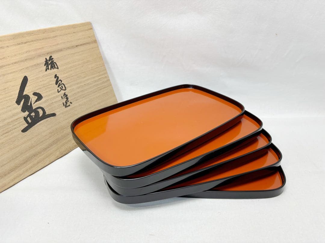 未使用 懐石道具 輪島塗 大向高洲堂造 木製 小判形 盆 膳 5客揃 刻印 共箱