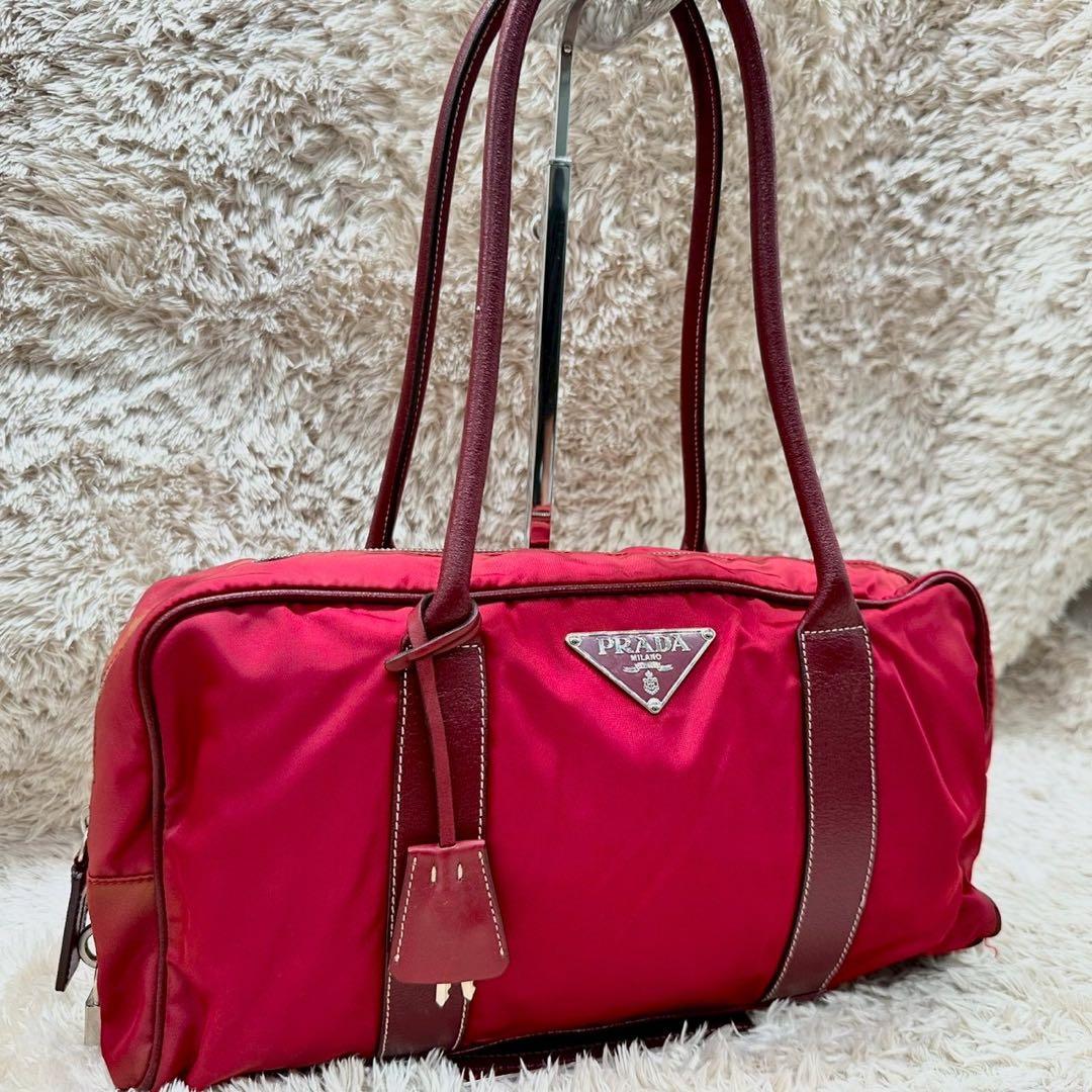 【希少】PRADA ミニボストン ナイロン レザー 三角ロゴ 南京錠 白タグ 赤
