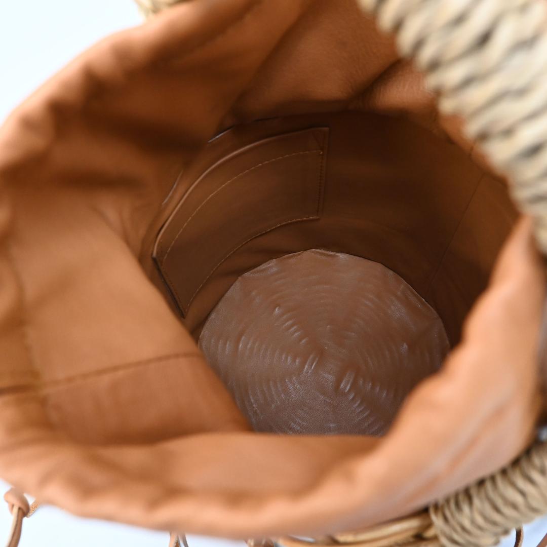 46214★夏 ラドロー カゴバッグ フリンジ 籐 ラタン×レザー バケット