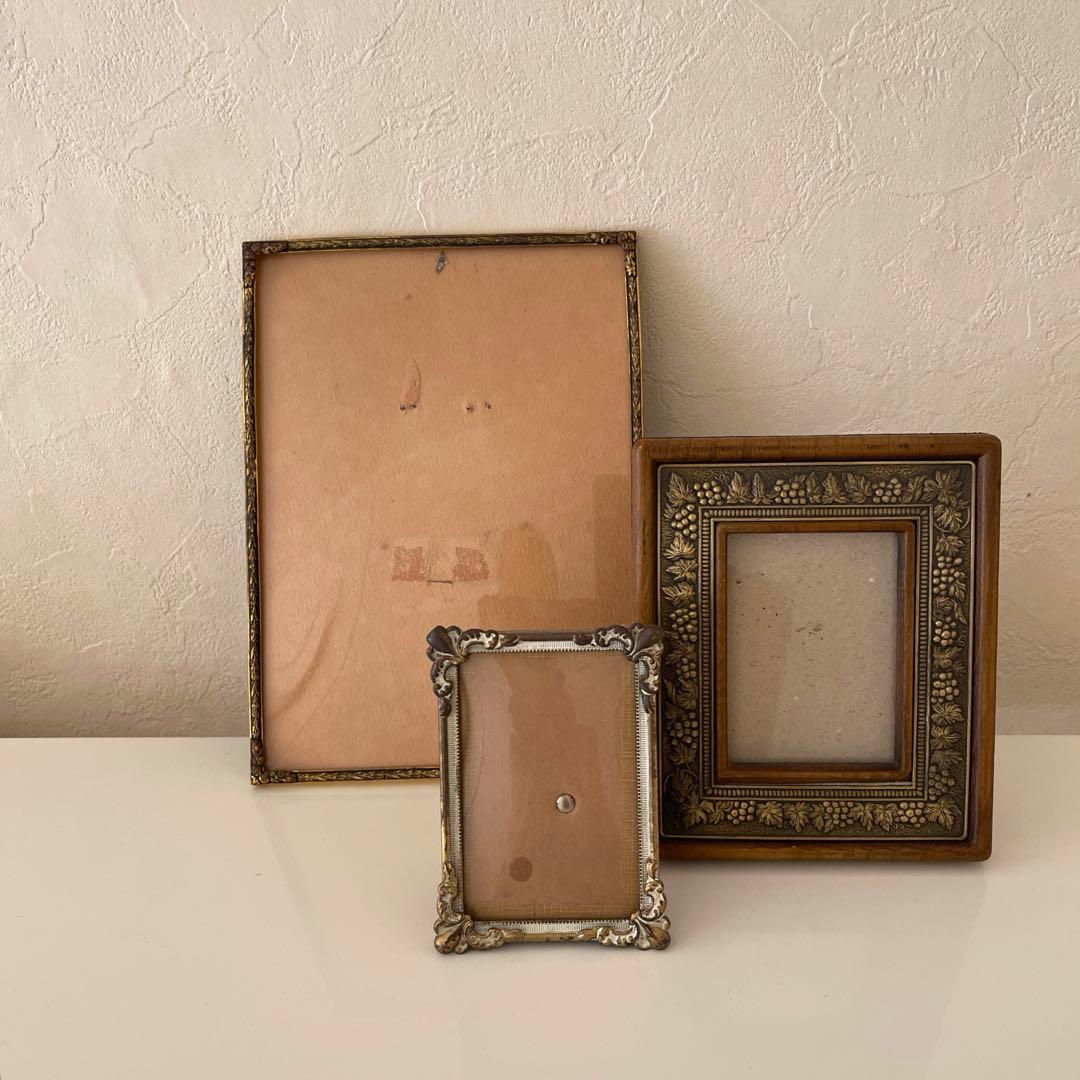 vintage flame 装飾の美しいフレーム 3点 真鍮と木製