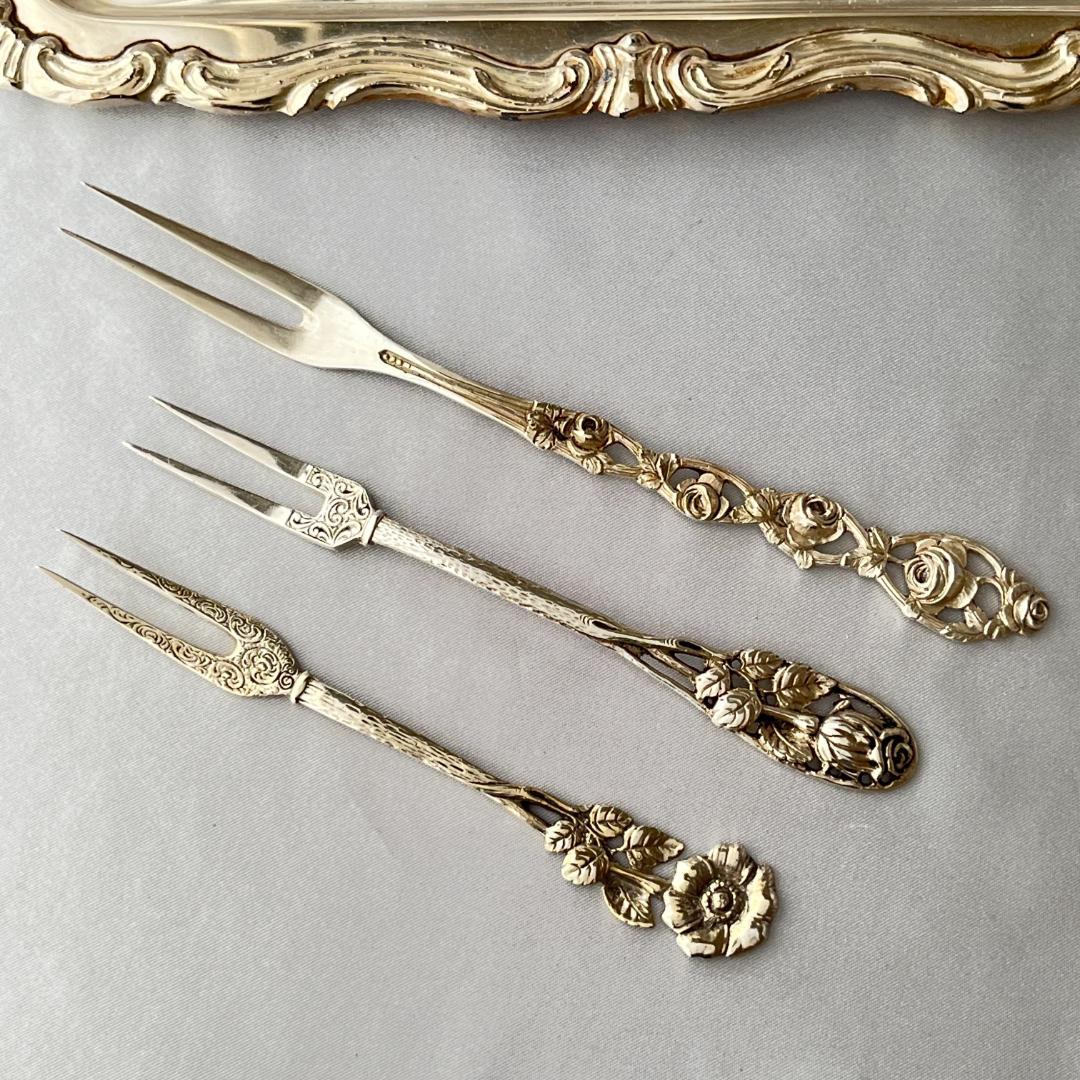 【ドイツ】 オードブルピック 3本【純銀】ヒルデスハイムローズ / パンジー