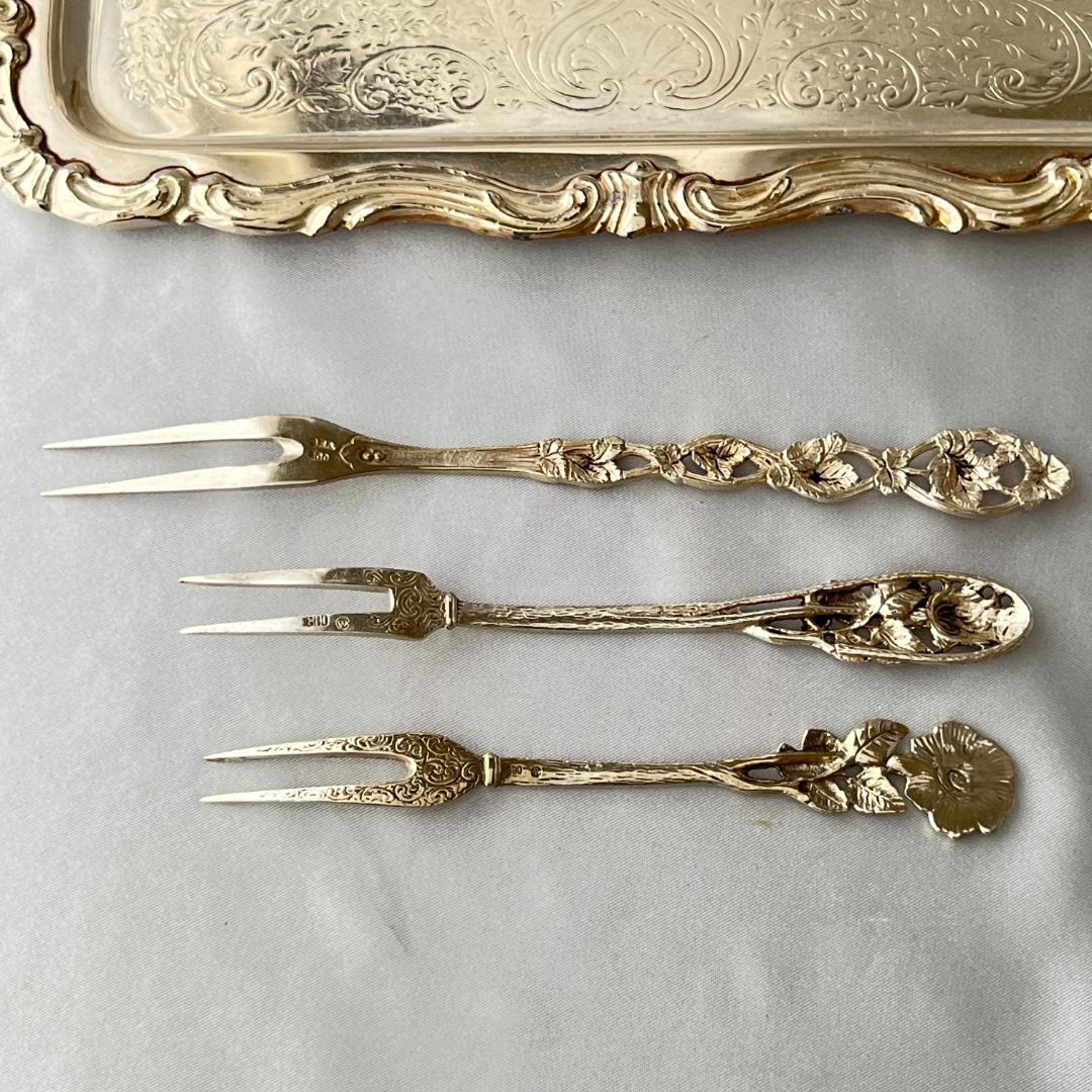 【ドイツ】 オードブルピック 3本【純銀】ヒルデスハイムローズ / パンジー