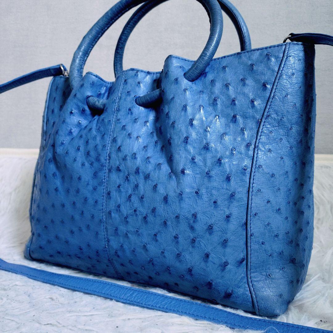 2WAY　ハンドバッグ　オーストリッチ　ブルー色　自立型　容量多
