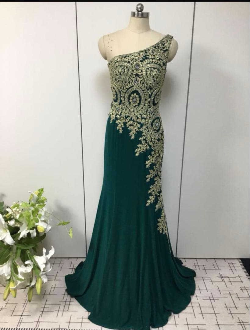 ダークグリーン ワンショルダー パーティードレス