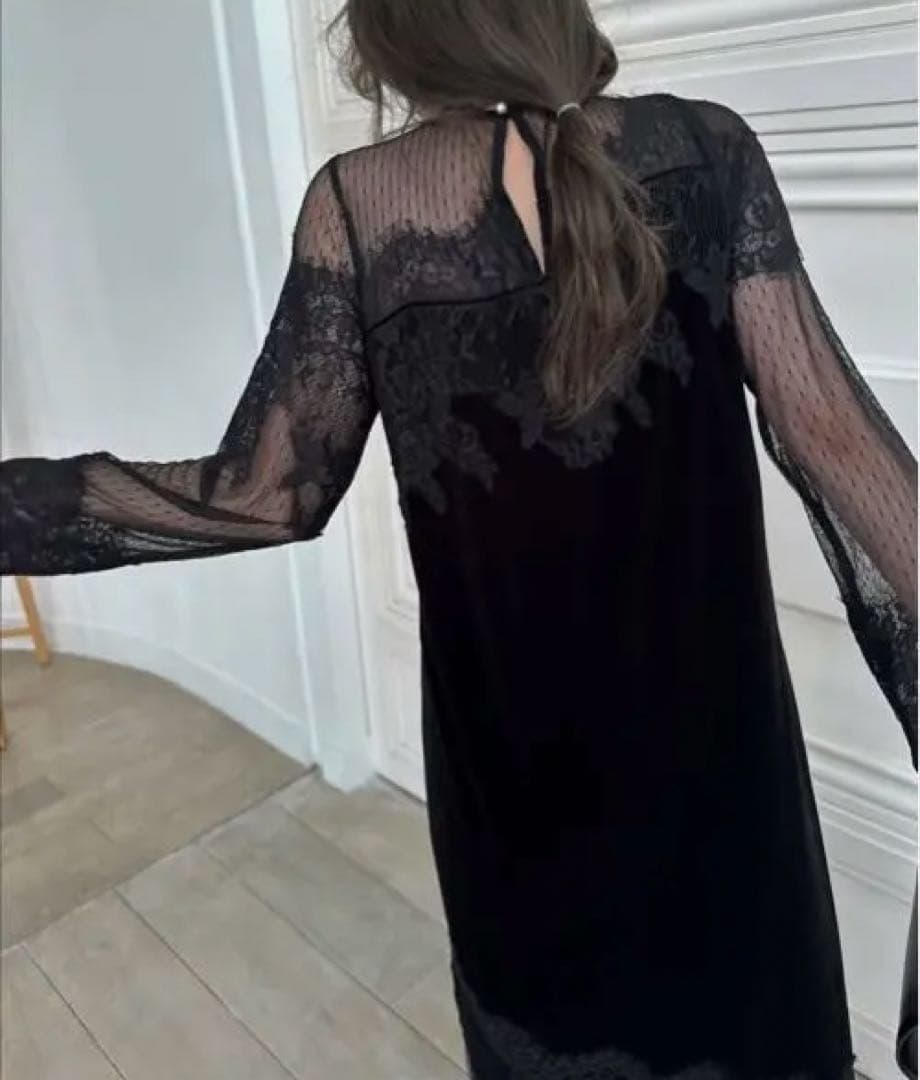 美品　dot tulle panel lace velour OP ブラック