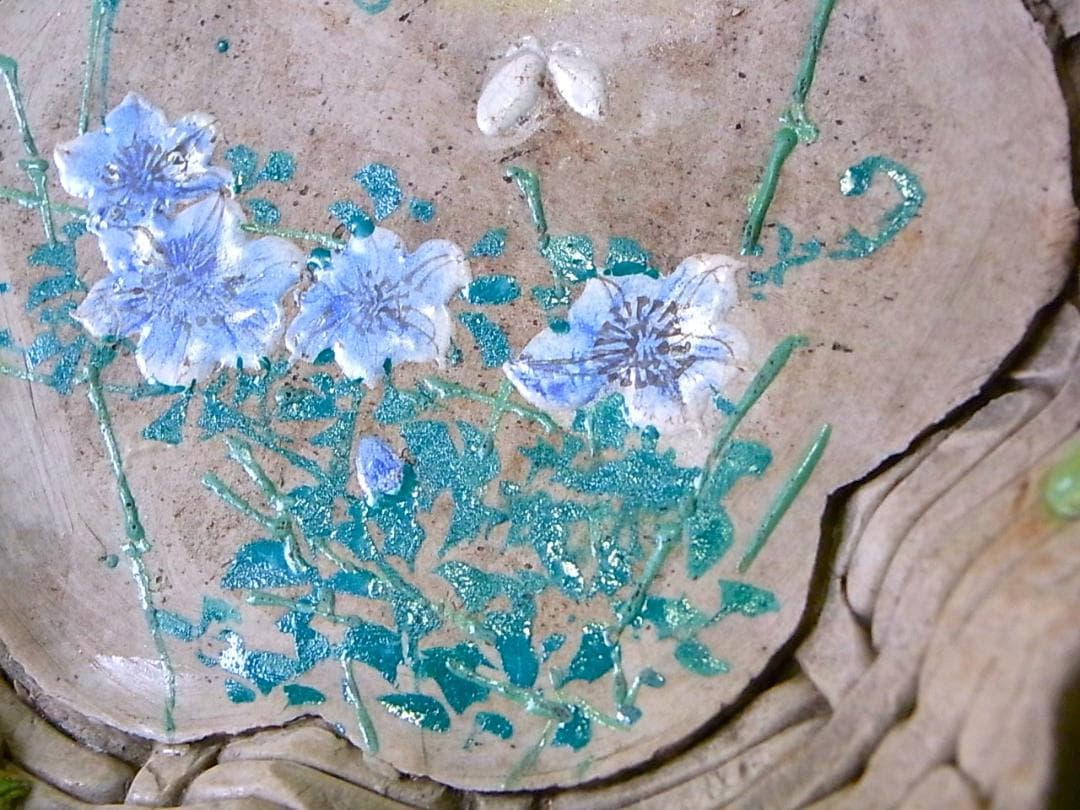 【 E918 】 素晴らしき超名品　明治期萬古焼上手作品　陽刻朝顔文飾り皿