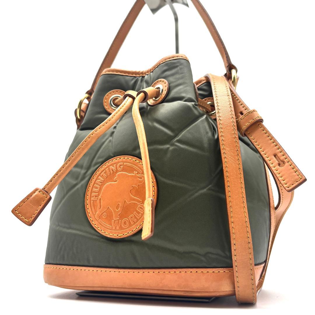 未使用に近い ハンティングワールド 巾着 ショルダーバッグ バチュー カーキ