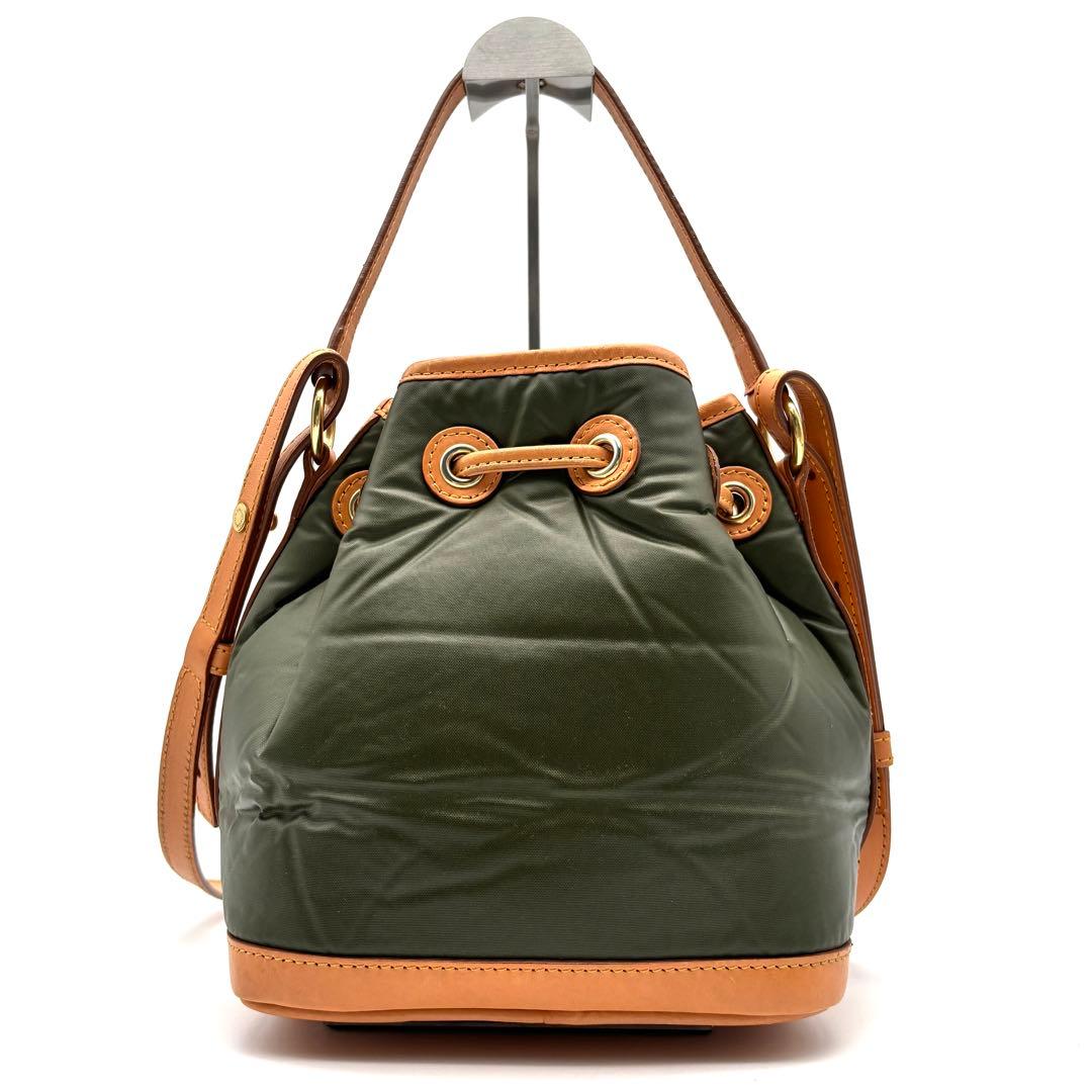 未使用に近い ハンティングワールド 巾着 ショルダーバッグ バチュー カーキ