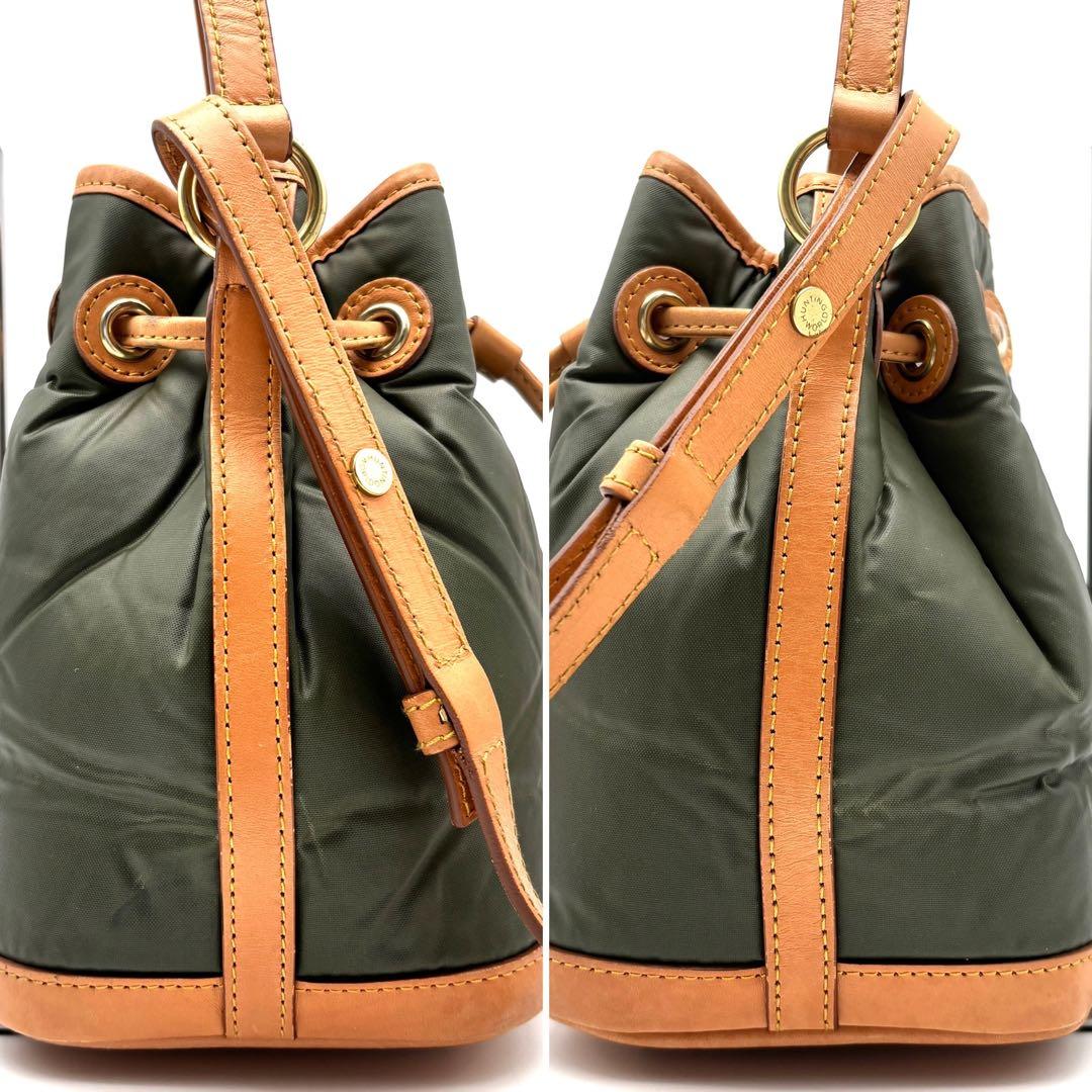 未使用に近い ハンティングワールド 巾着 ショルダーバッグ バチュー カーキ