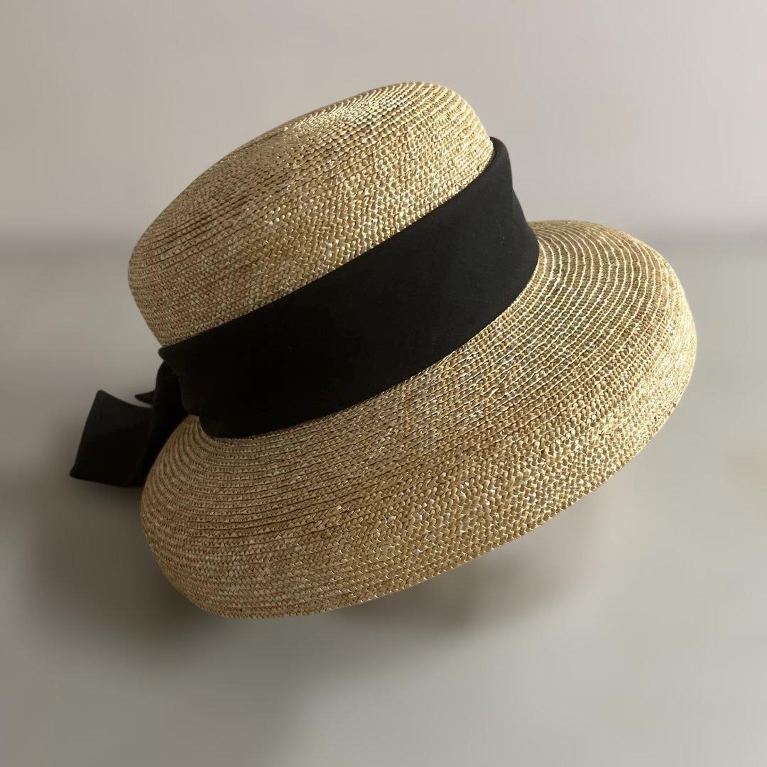 リボン付き麦わら帽子 ベージュと黒