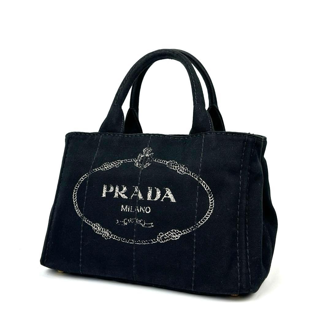 【美品】プラダ　カナパ　ハンドバッグ　三角ロゴ　ゴールド金具　デニム　ブラック