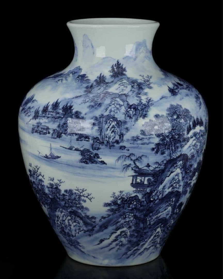 【猿川谷 山徳窯】有田焼 染付 山水図大花瓶 高さ57cm 超絶技巧 細密絵付