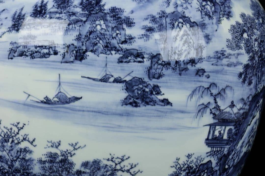 【猿川谷 山徳窯】有田焼 染付 山水図大花瓶 高さ57cm 超絶技巧 細密絵付