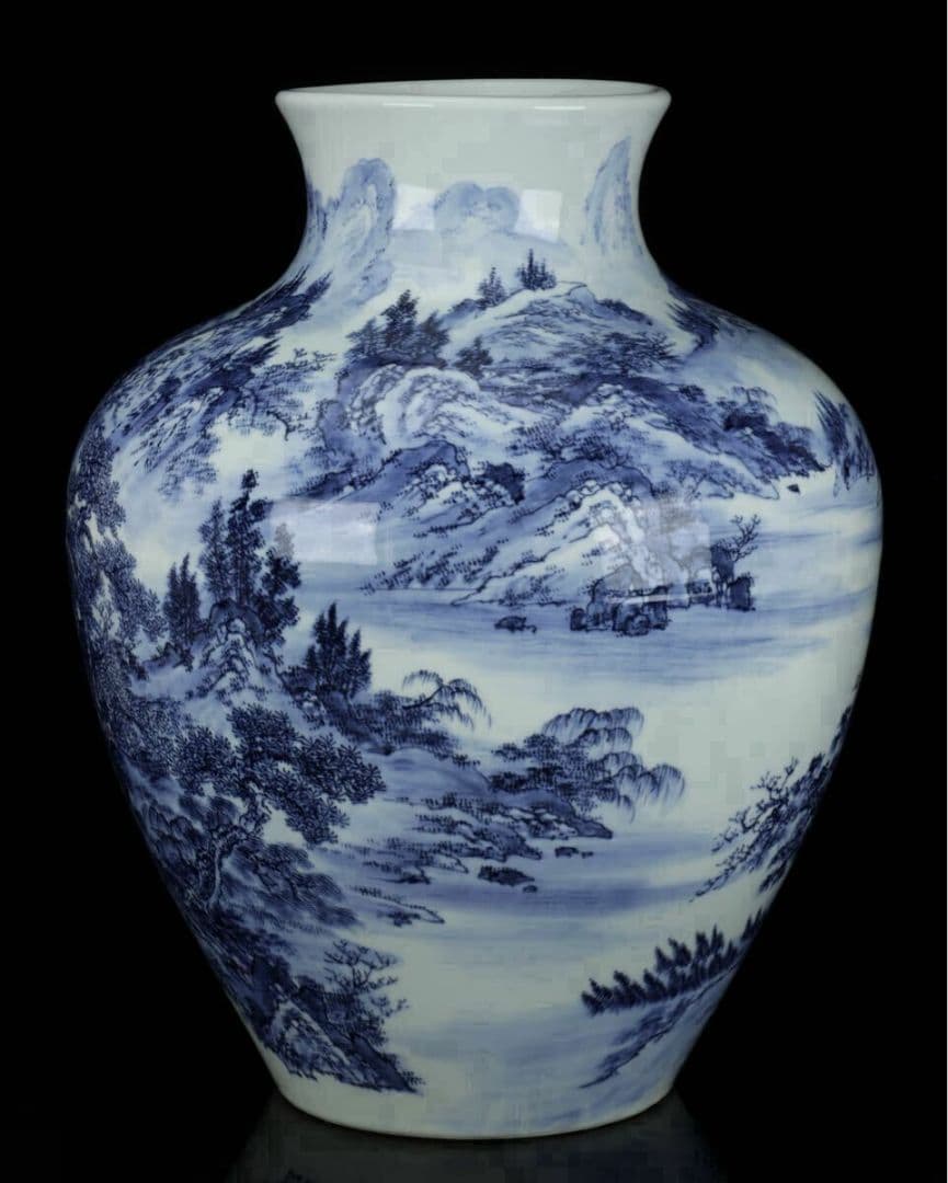 【猿川谷 山徳窯】有田焼 染付 山水図大花瓶 高さ57cm 超絶技巧 細密絵付