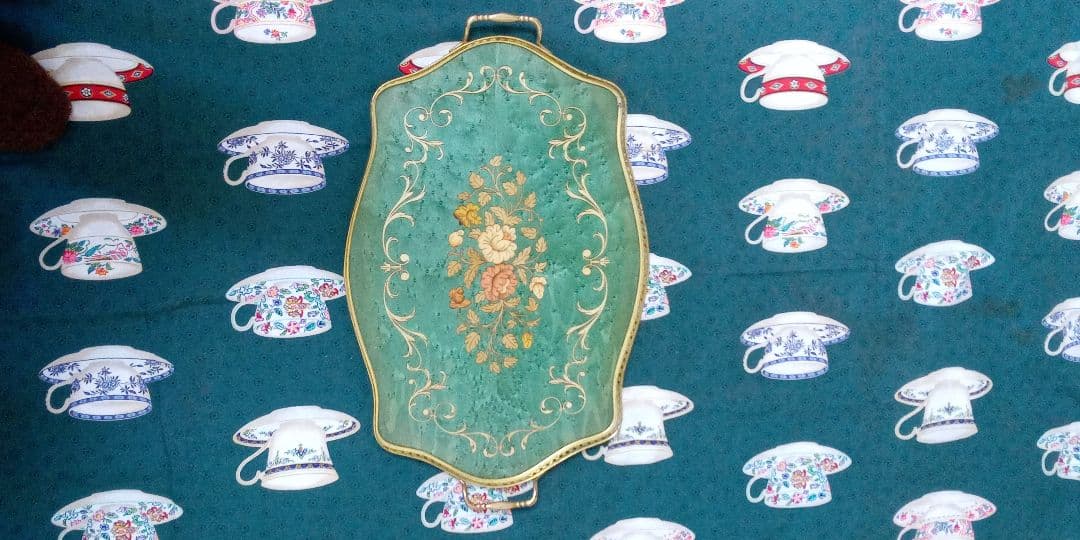 2点セット・イタリア製・象嵌トレー・グリーン花柄・アンティーク