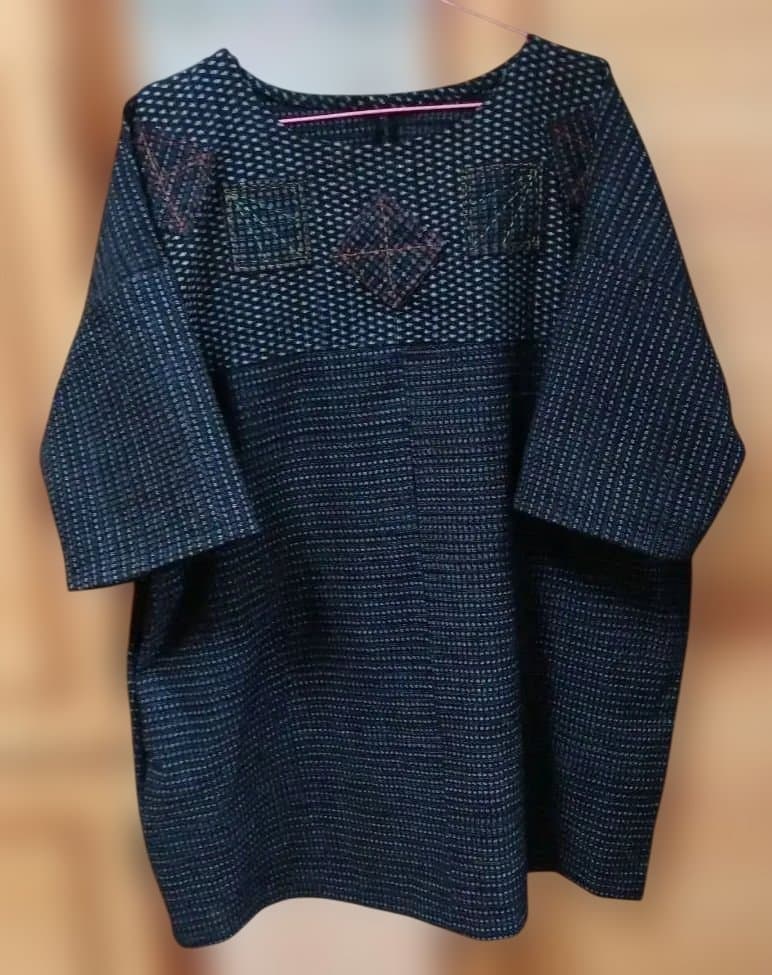 書生絣の六分袖手縫いチュニック