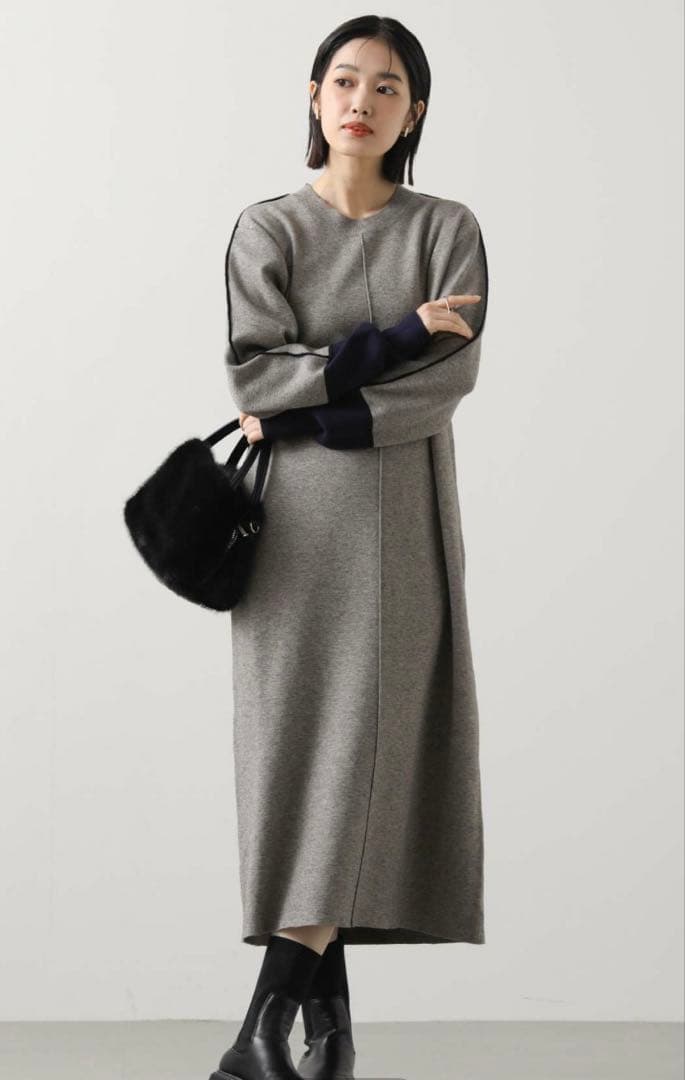 Gready Brilliantライン配色ミラノリブワンピース　グレー