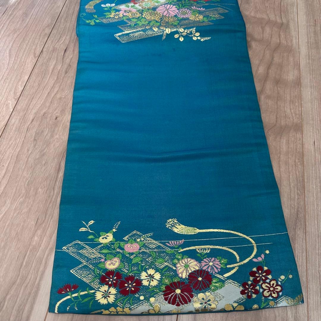 超美品　正絹　着物 和服　名古屋帯　333 納戸色　青緑　アンティーク　金