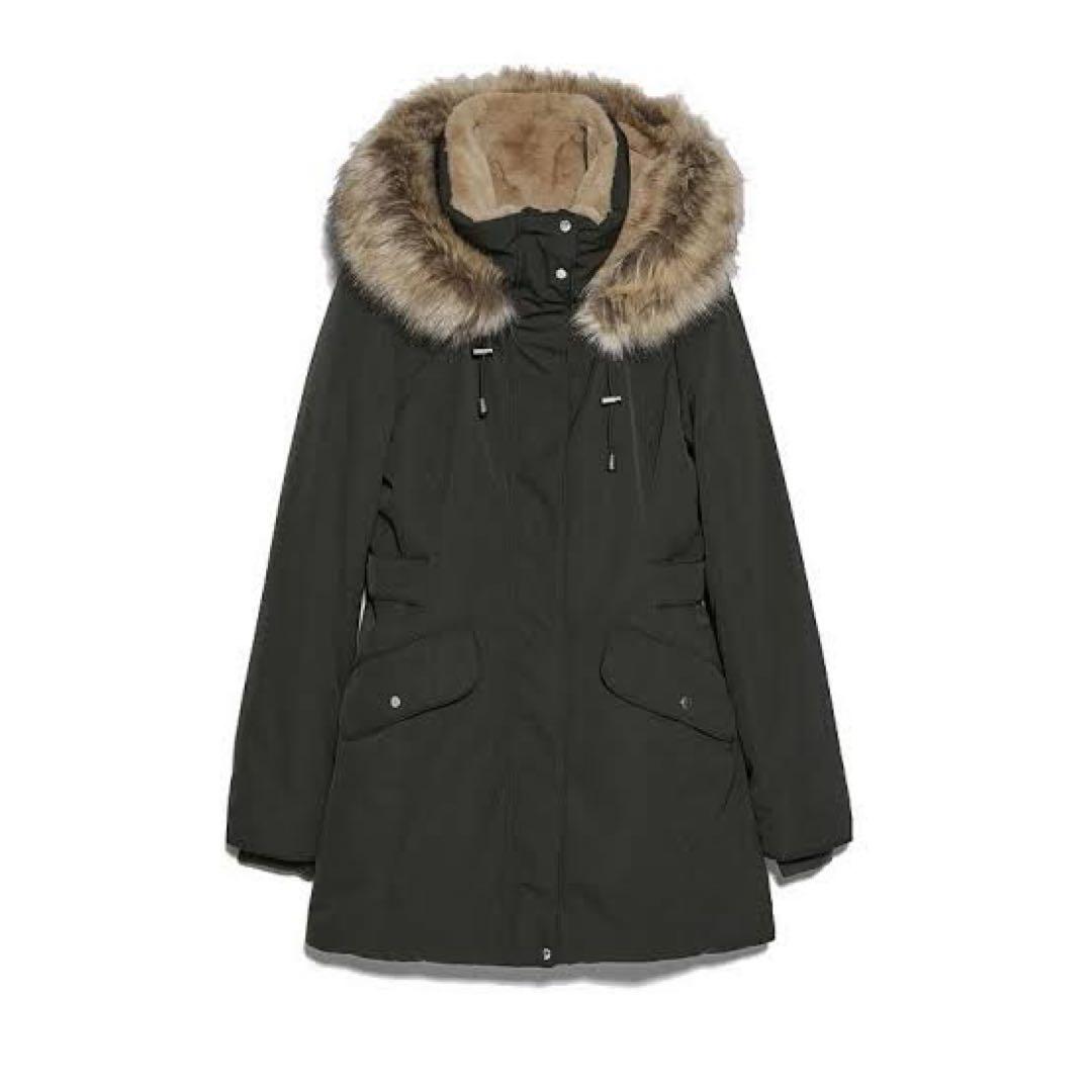 カーキ　ファー付きモッズコート　ZARA