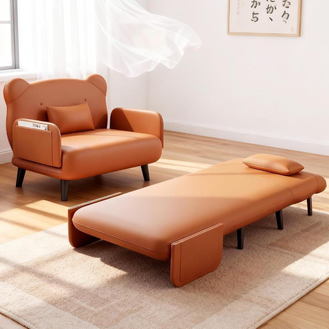 ソファベッド 1人用 組立簡単 5段階調整 3WAY クッション肘掛付 オレンジ