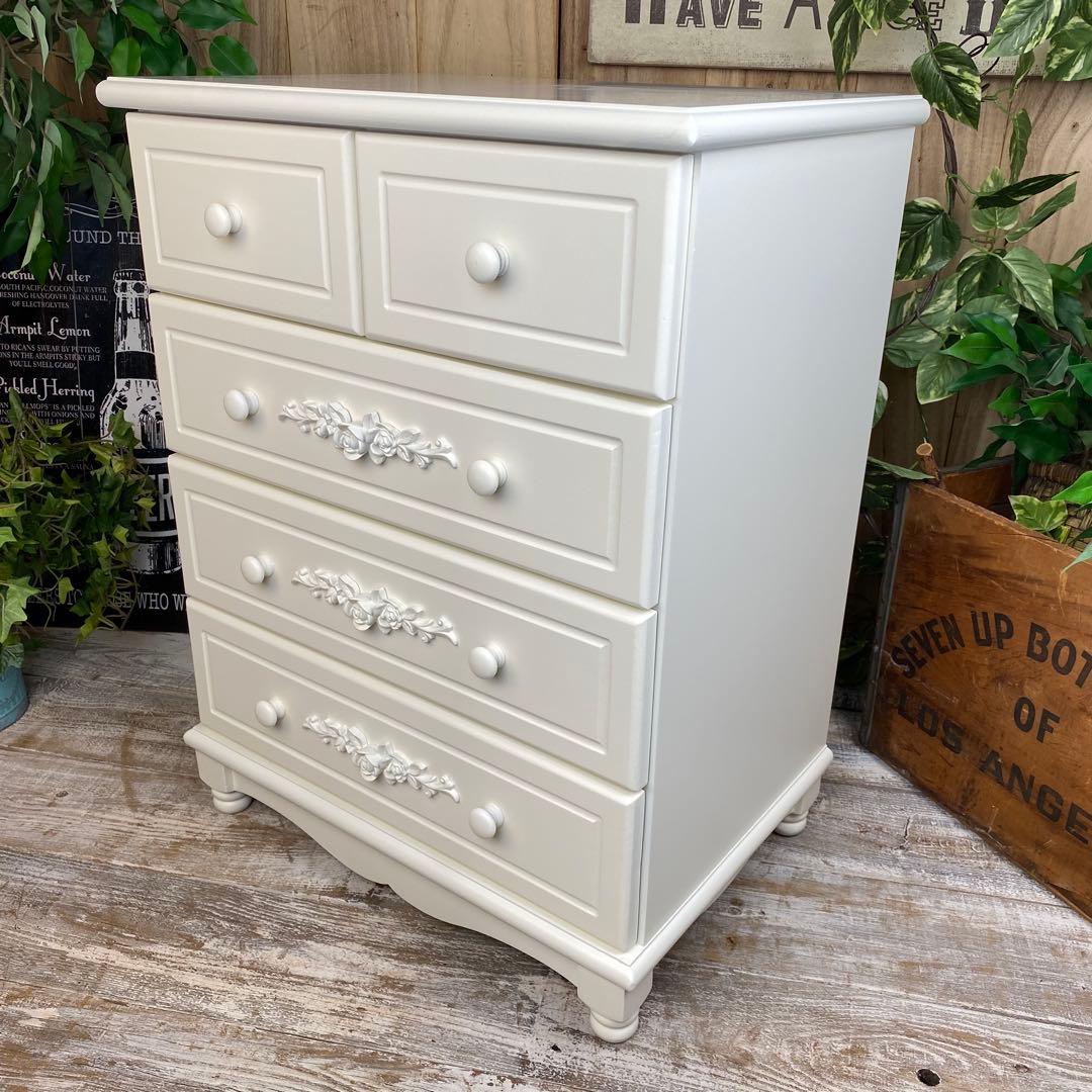 訳あり品【137】フレンチカントリー調ホワイトチェスト四段五つ引き木製タンス収納