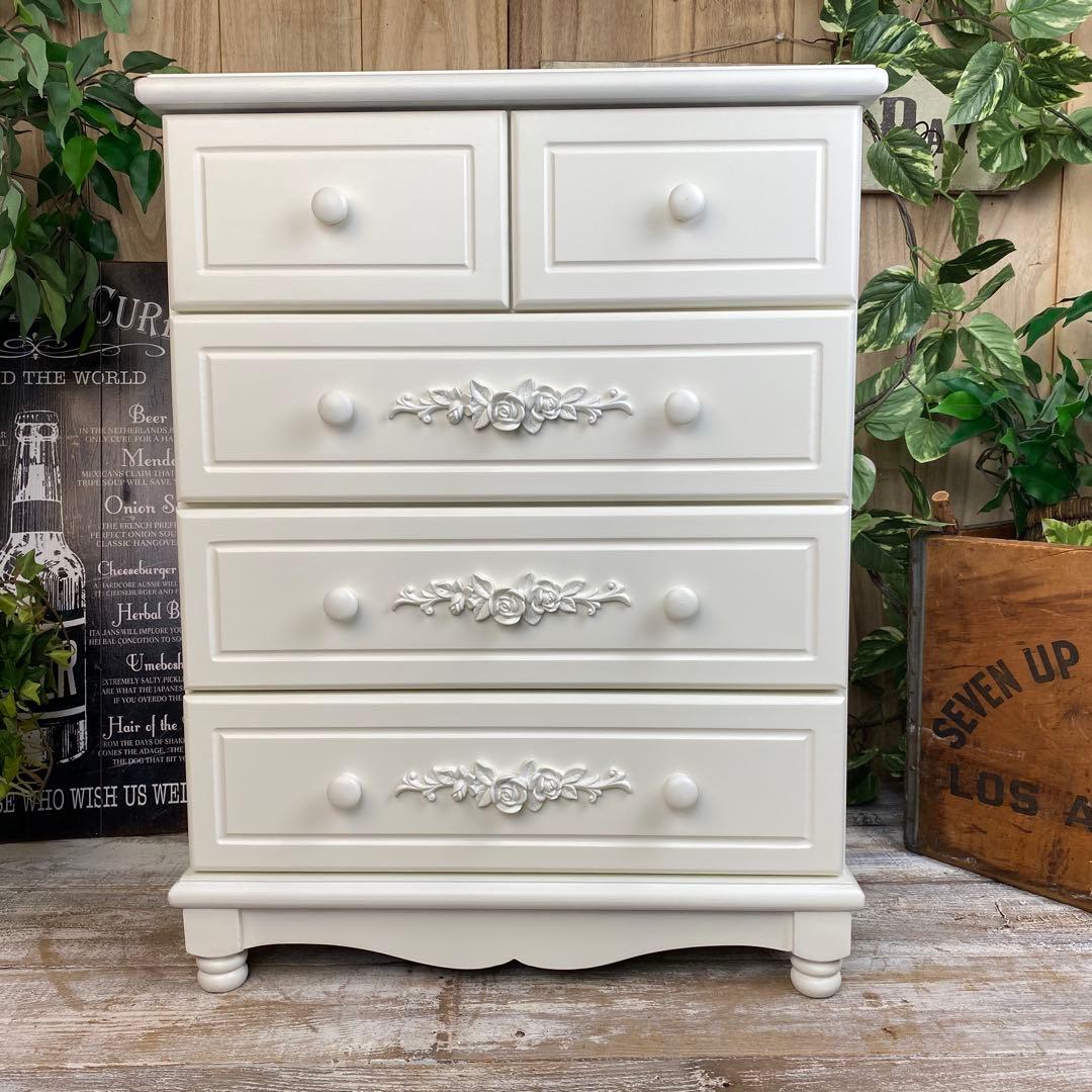 訳あり品【137】フレンチカントリー調ホワイトチェスト四段五つ引き木製タンス収納