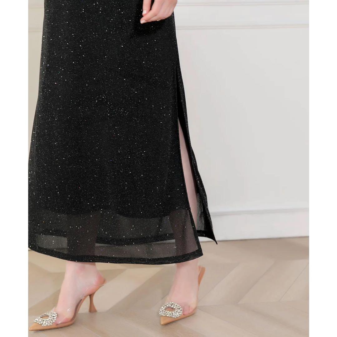 mayu　レジャ　レースネック透け袖スリットキラキラロングドレスワンピース