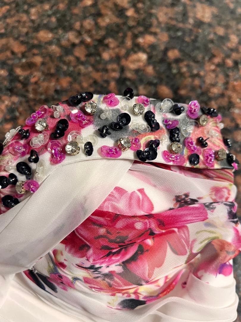 【美品】ロングドレス　ピンク花柄　演奏会　ベアトップ　編み上げ