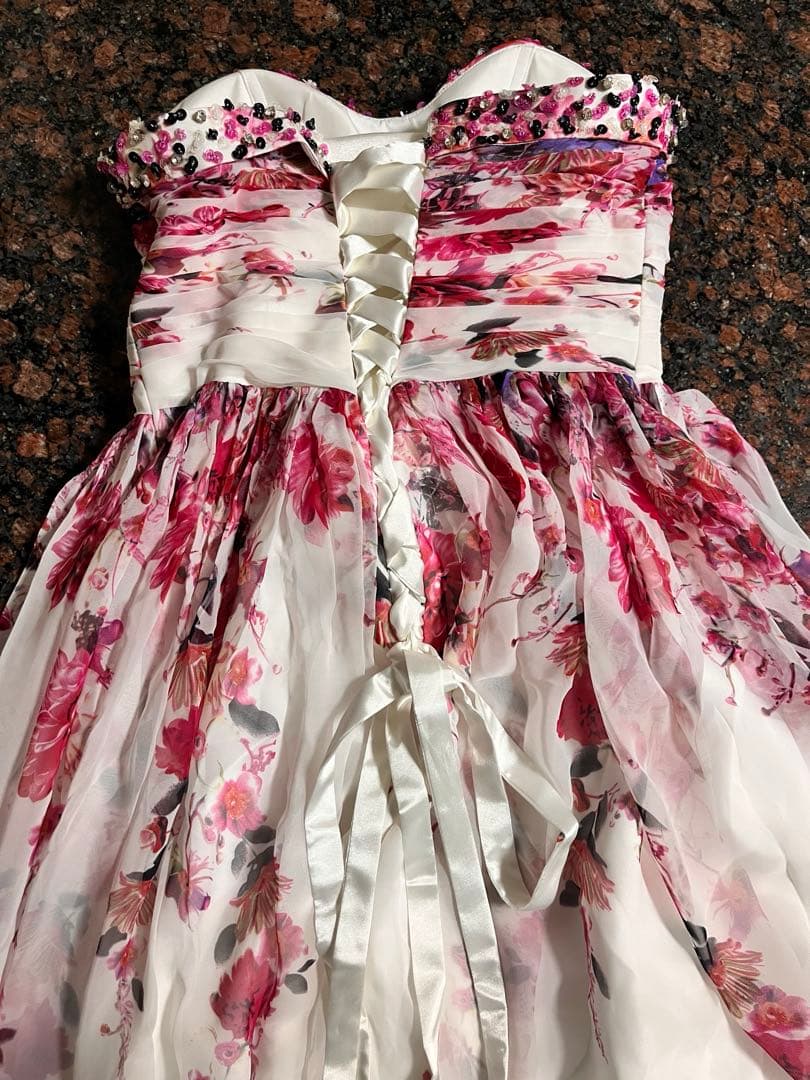 【美品】ロングドレス　ピンク花柄　演奏会　ベアトップ　編み上げ