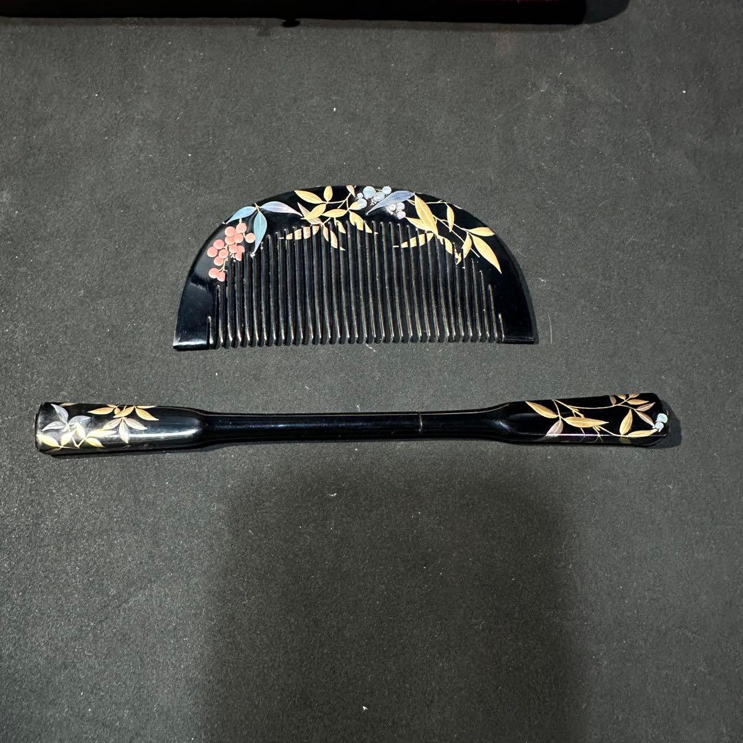 大正アンティーク　鼈甲　櫛笄　黒漆螺鈿細工　金細工髪飾り