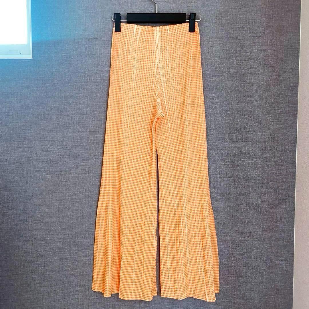 ✨未使用級✨プリーツプリーズ オレンジチェック フルレングス 裾フレアパンツ ２