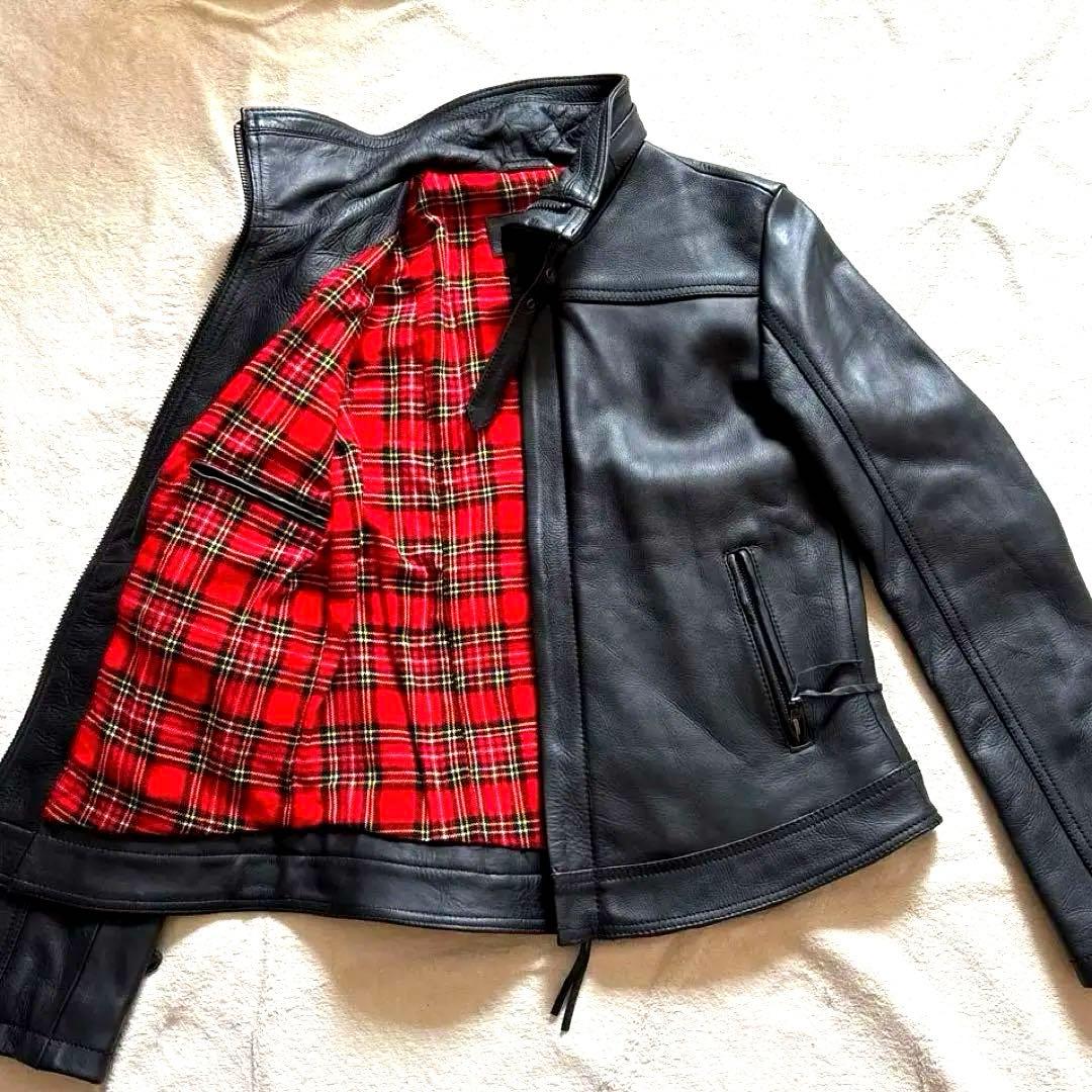 未使用級⭐️リューグーレザーズ ライダース　黒　牛革　裏地チェック赤　サイズ2