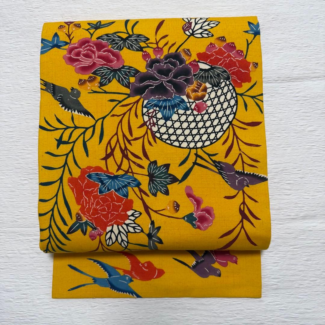 m-45 本場琉球紅型 鳥 花 名古屋帯 正絹 未使用