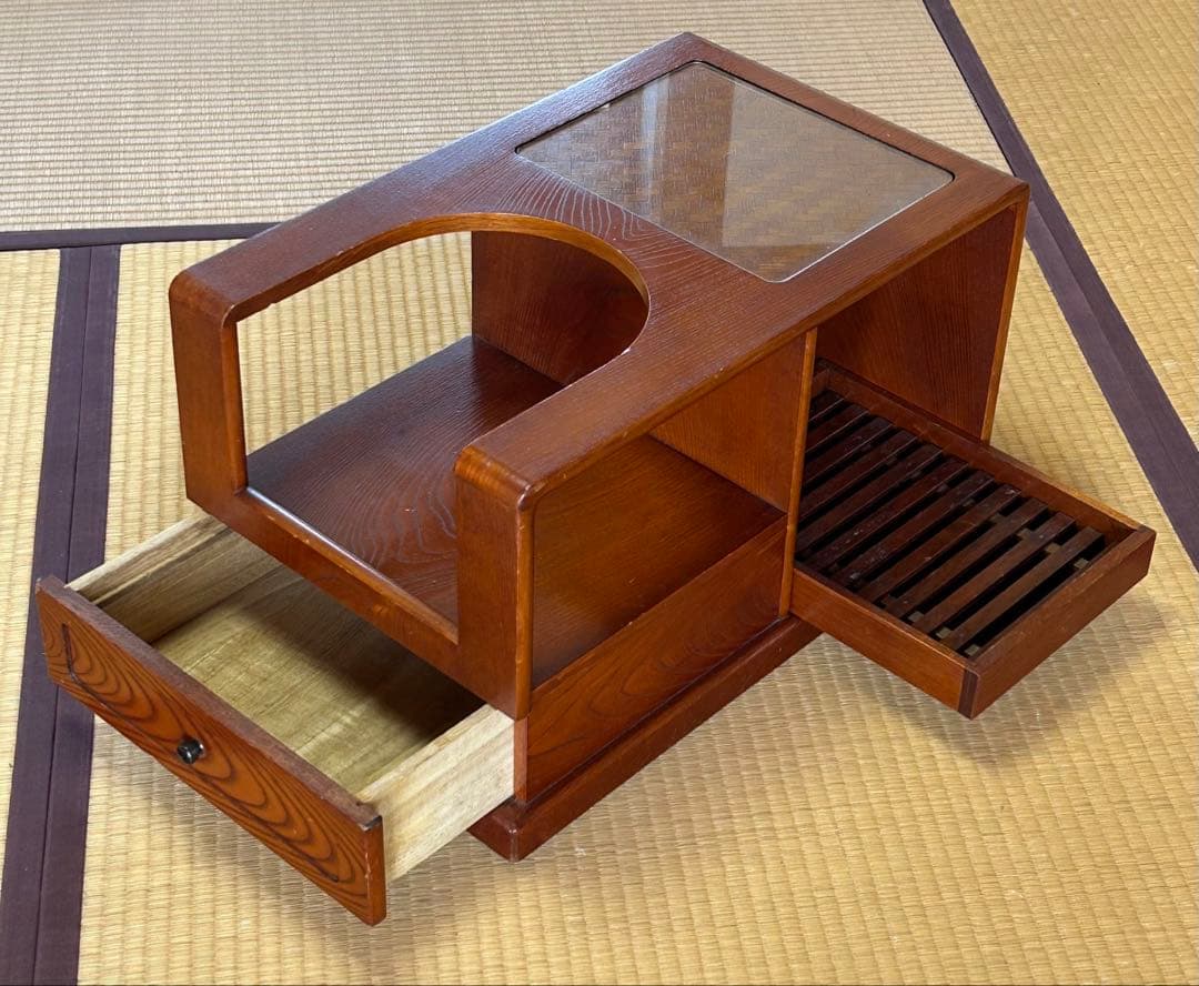 和風ワゴン お座敷ワゴン けやき ガラス天板付き座卓 キャスター付き