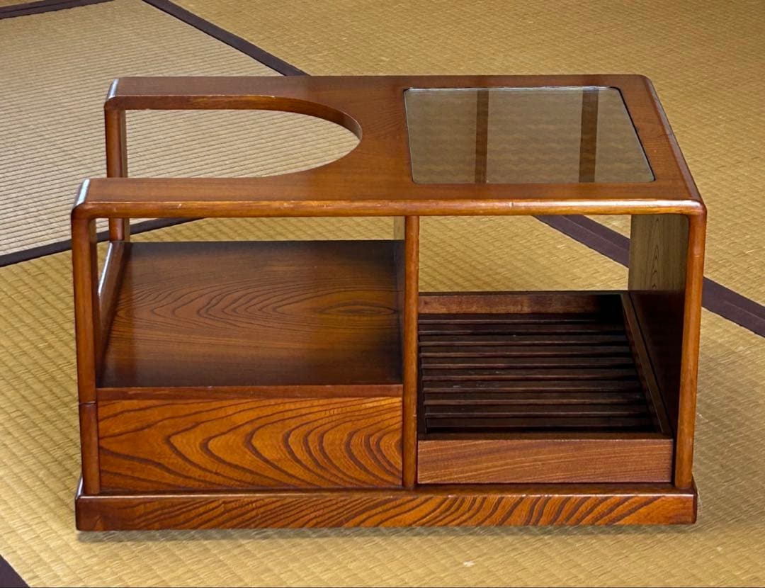 和風ワゴン お座敷ワゴン けやき ガラス天板付き座卓 キャスター付き