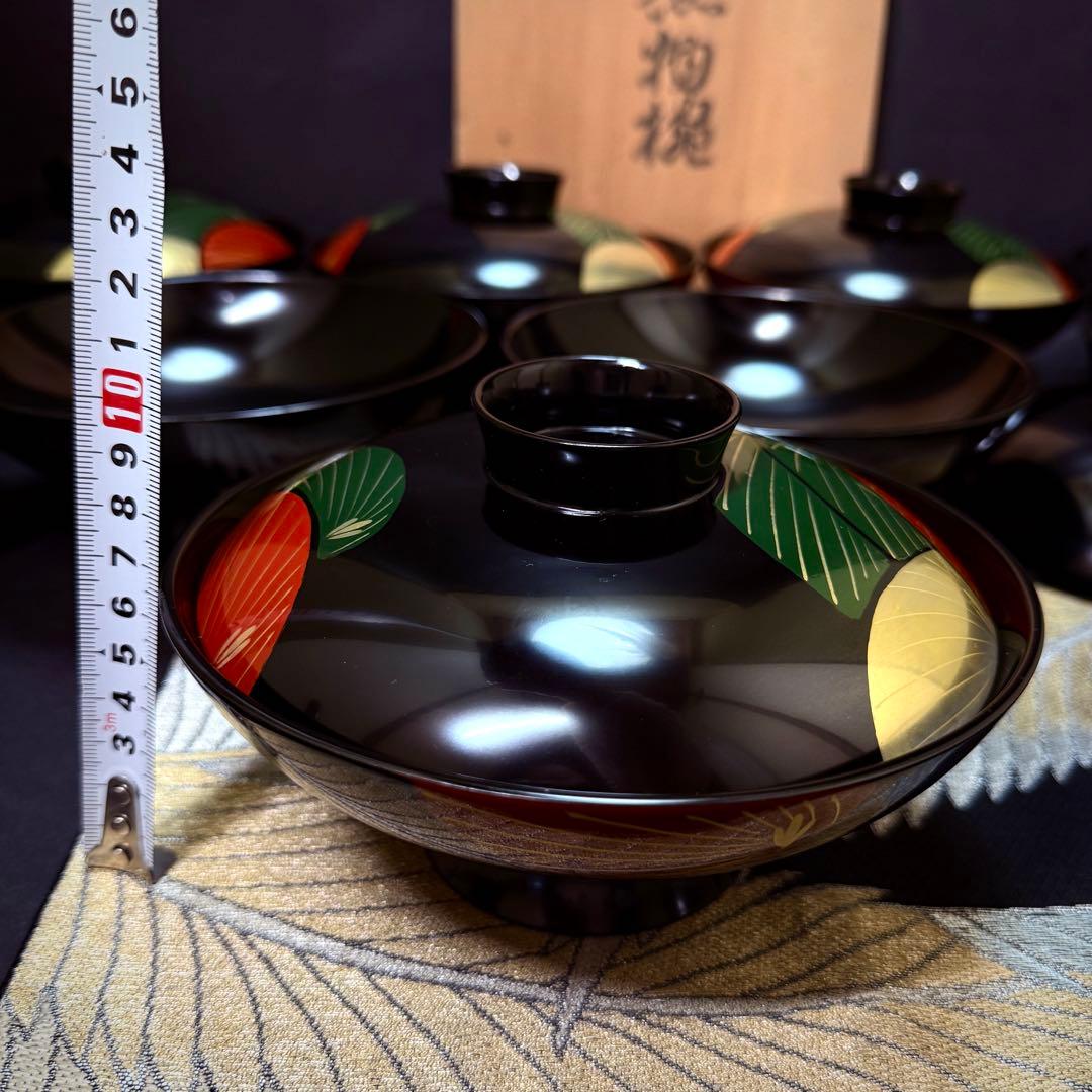 漆器　輪島塗　木製　蒔絵　溜塗　吸物椀　大きめ　蓋付椀　汁椀　10客　共箱