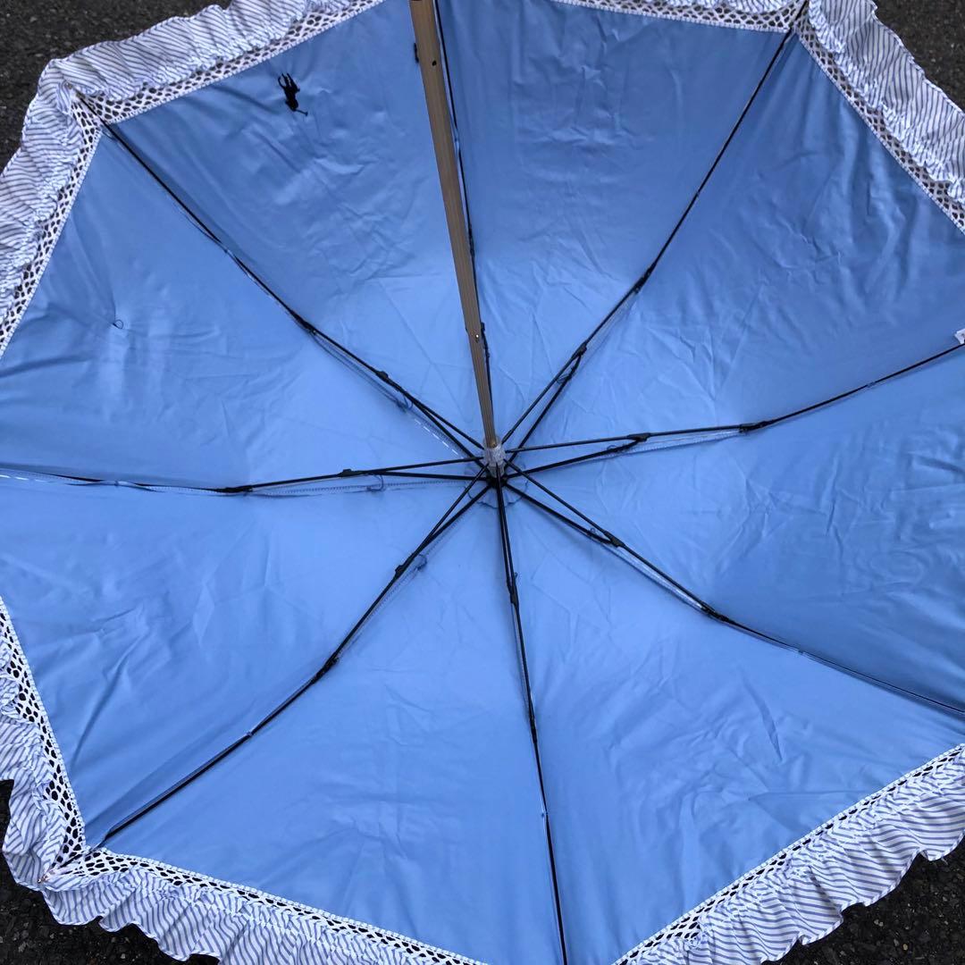 ラルフローレン ポロ 折りたたみ兼用傘 ストライプ柄フリル付き