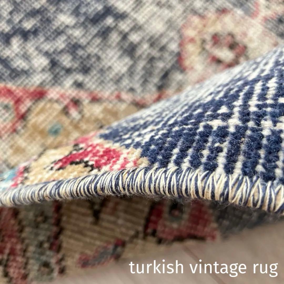 デニムブルー✳︎64×61 シャビー　キャラメル　レッド　トルコヴィンテージラグ