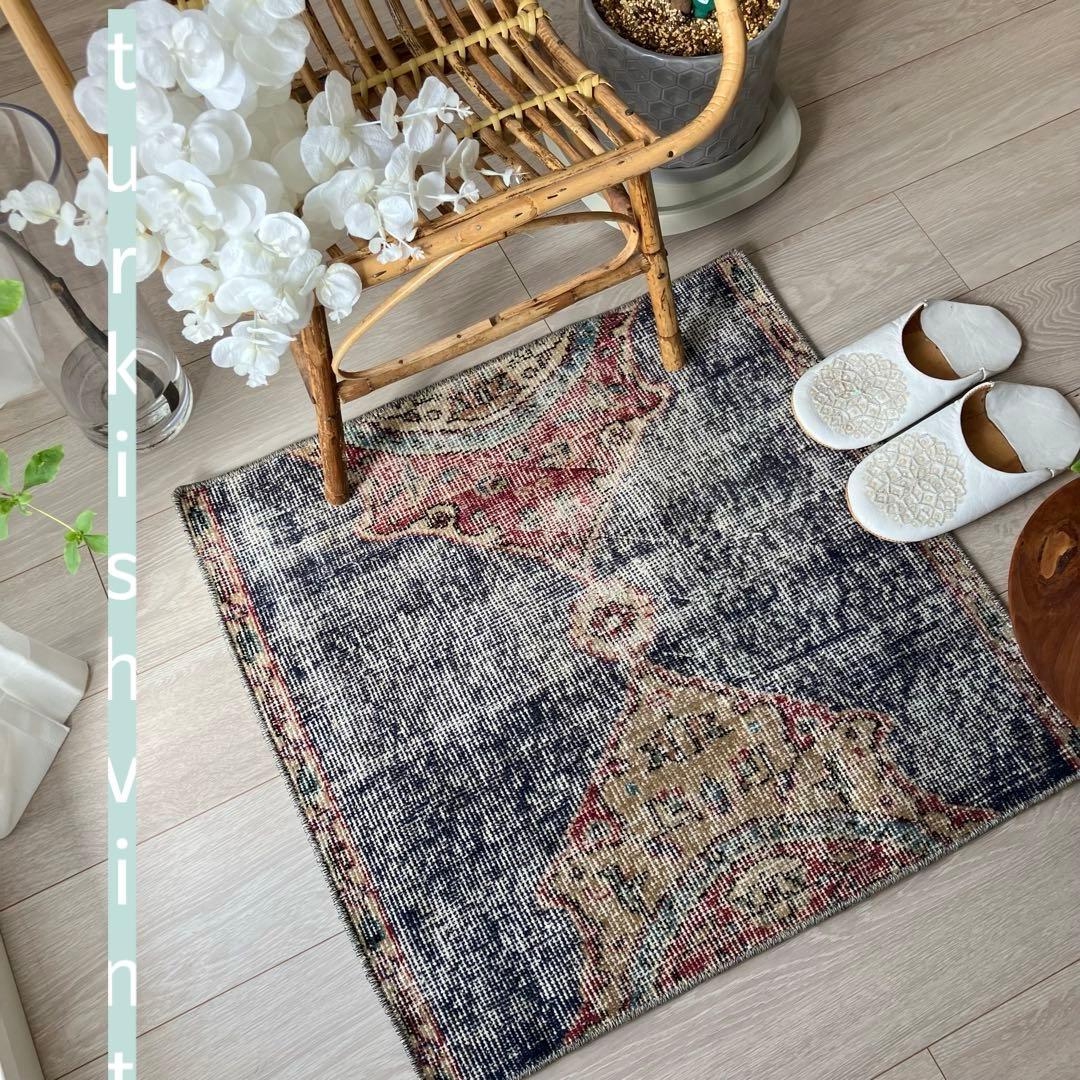 デニムブルー✳︎64×61 シャビー　キャラメル　レッド　トルコヴィンテージラグ