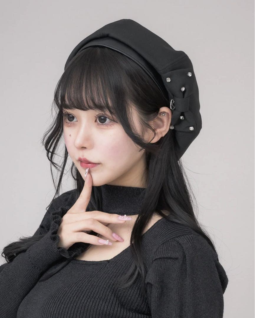 pium ピウム ビジューリボンベレー ベレー帽 ブラック