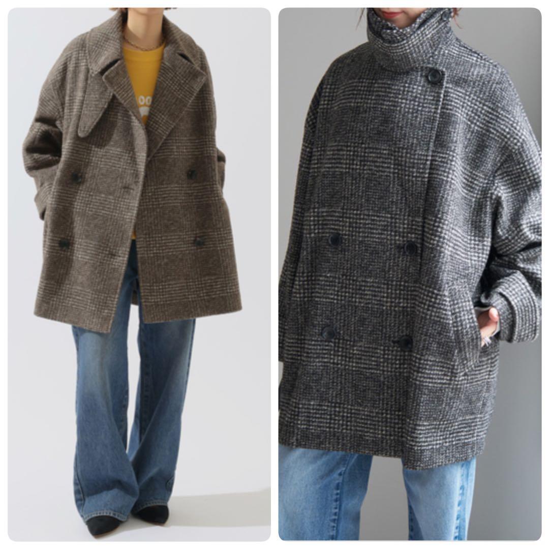 美品✨Spick&Span Wスライバーチェックハーフコート38 ブラウン