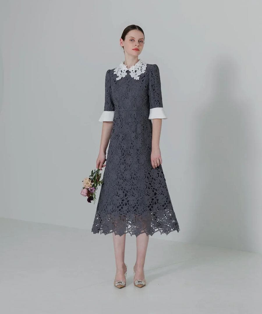 Leja 花柄レースカラースパンコールAラインワンピースドレス