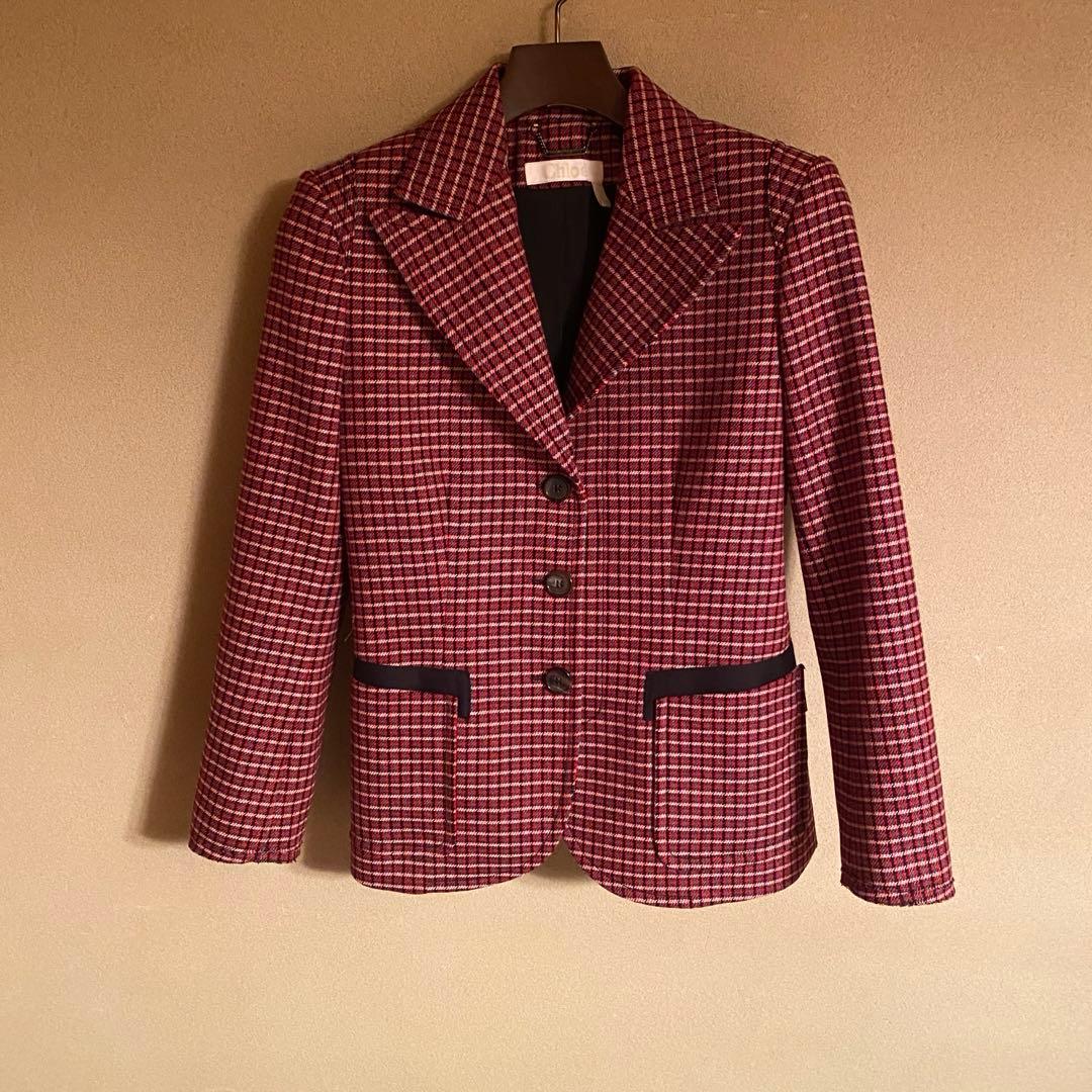 クロエ　chloe チェックウールテーラードジャケット　レッドブラック　ブロック