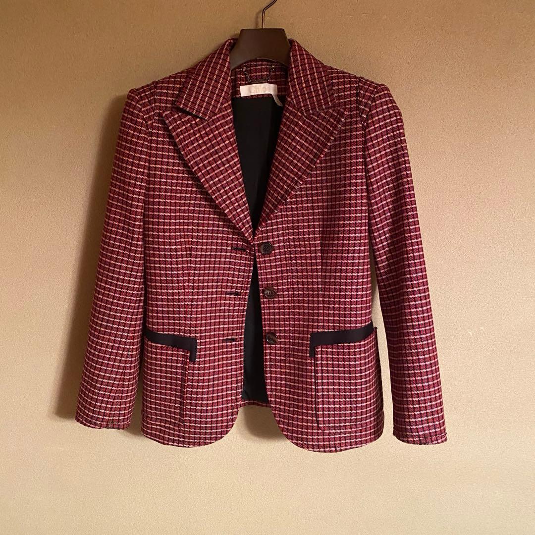 クロエ　chloe チェックウールテーラードジャケット　レッドブラック　ブロック