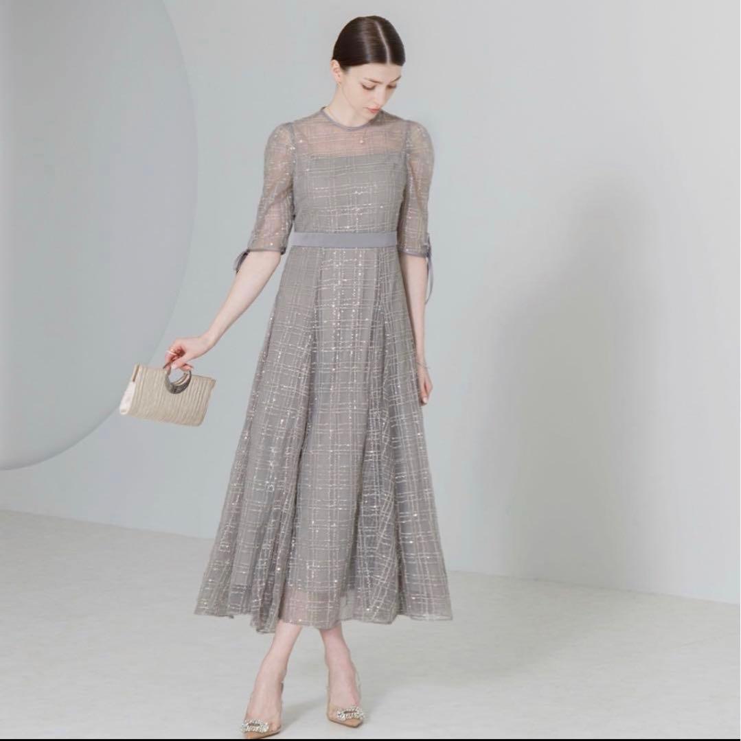 Leja チェック刺繍スパンコールチュール素材袖リボン結婚式 パーティードレス