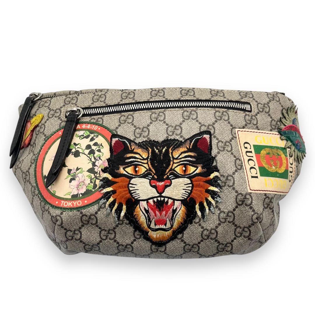 美品■グッチ　アングリーキャット　GGキャンバス　PVC　ボディバッグ